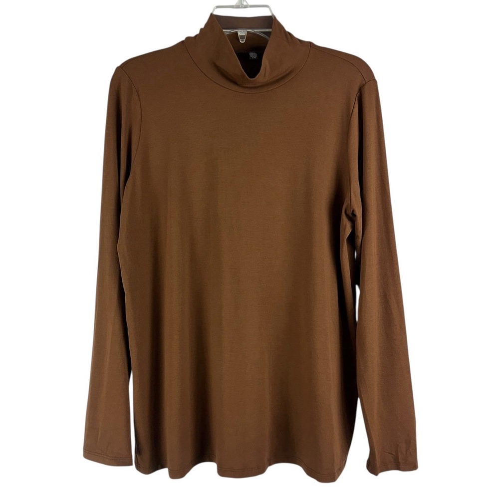 Eileen Fisher Womens L Mock Neck Tunic Top Raglan Long Sleeve Minimalist Brown